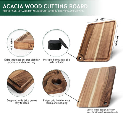AZRHOM Large Wood Cutting Boards Set of 4 for Kitchen Cheese Charcuterie Board (Gift Box Included) Acacia Butcher Block with Non-slip Mats, Juice Groove and Handles (16x12, 14x10, double 11x8 inch)-4