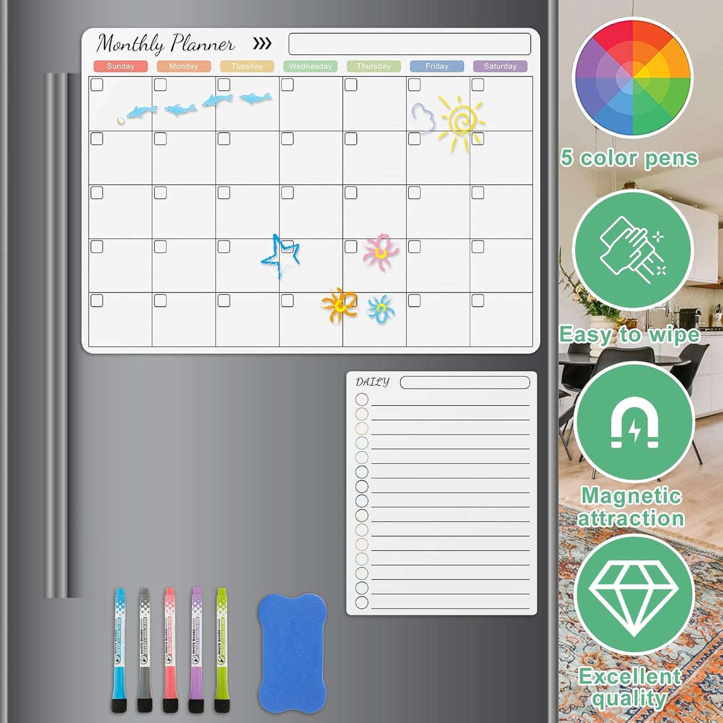 Magnetic Dry Erase Calendar for Fridge Reusable Monthly Planner Board Fridge Calendar White Board Anti-Slip Magnetic Shopping List Planner with 5 Pens for Home Kitchen 16.5x11.8inch
