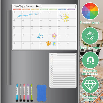 Magnetic Dry Erase Calendar for Fridge Reusable Monthly Planner Board Fridge Calendar White Board Anti-Slip Magnetic Shopping List Planner with 5 Pens for Home Kitchen 16.5x11.8inch