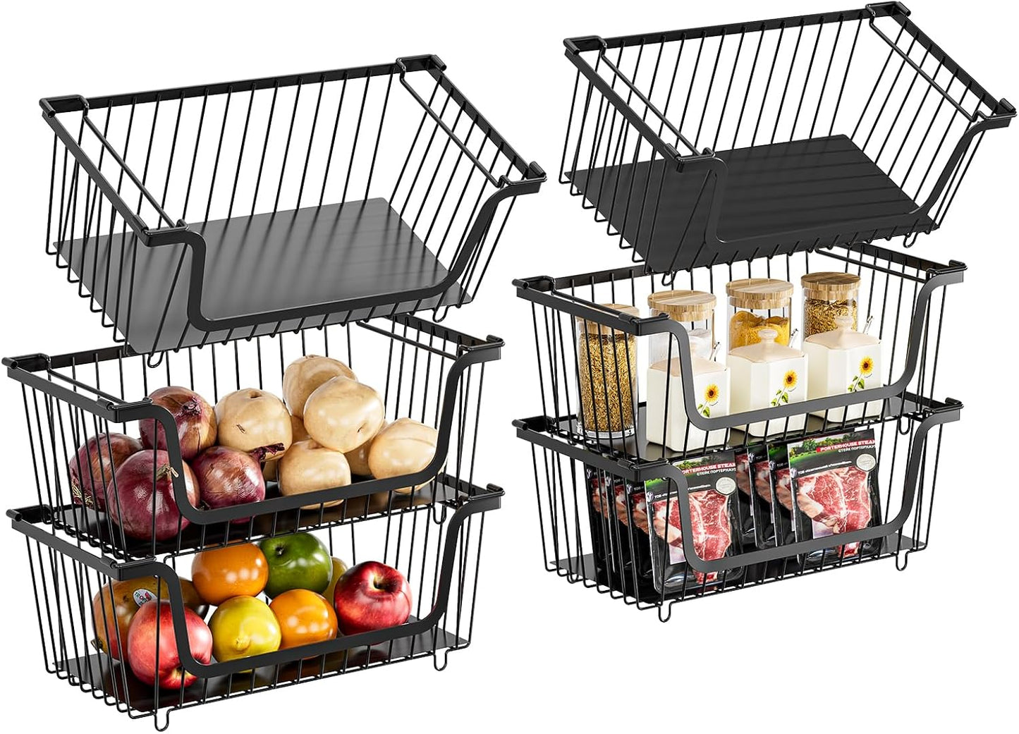 GAOKASE 4 Pcs Stackable Wire Baskets for Pantry Organizers and Storage,Vegetable Fruit Basket for Countertop,Kitchen Storage Metal Baskets,Produce Potato Onion Storage Bin-Black