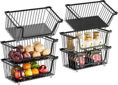 GAOKASE 4 Pcs Stackable Wire Baskets for Pantry Organizers and Storage,Vegetable Fruit Basket for Countertop,Kitchen Storage Metal Baskets,Produce Potato Onion Storage Bin-Black