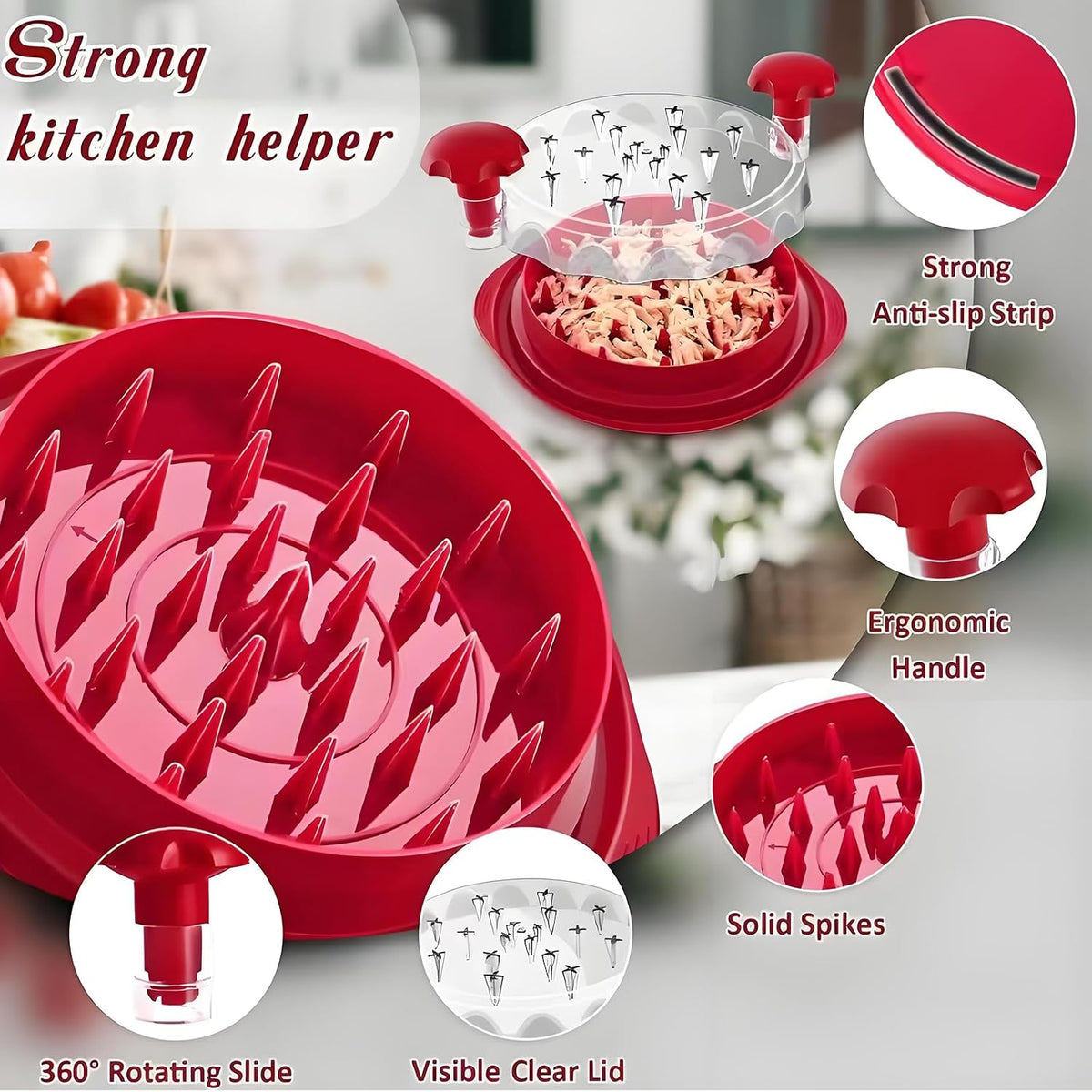 Chicken Shredder,Manual Meat Grinder,Pet Food Aid,High Resistance To 356 ° F,Free Of Bisphenol A,Strong Anti Slip,Easy To Use,Specially Designed For Grinding Meat And Vegetables(Red)