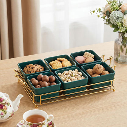 YA JU Ceramic Bowls and with Lid Gold Basket Trays, 6 Removable Small Bowls Condiment Trays Nut Serving Set for Snacks, Fruits, Candy and Condiments -Great for Parties, Holiday Gifts, White