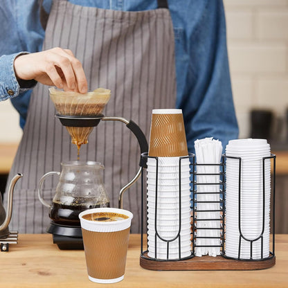 Coffee Cup Dispenser, 3 Compartment Disposable Cup and Lid Holder with Wood Base, Coffee Cup Organizer for Countertop Plastic Cup Station