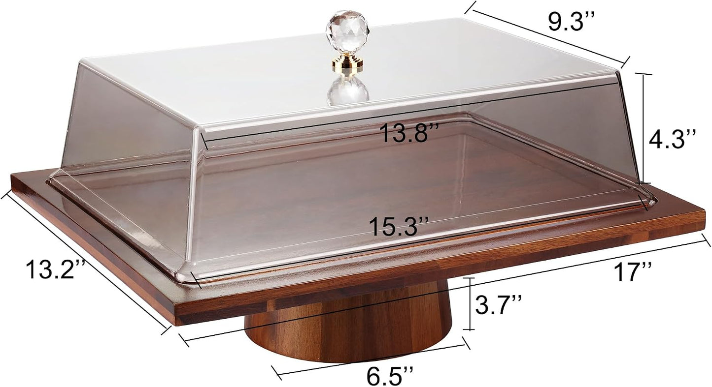 17" Rectangular Acacia Wood Cake Stand with Acrylic Lid, 2-in-1 Dessert Display & Charcuterie Board Serving Tray for Cheese Fruit Cupcake Party Wedding