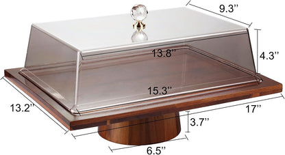 17" Rectangular Acacia Wood Cake Stand with Acrylic Lid, 2-in-1 Dessert Display & Charcuterie Board Serving Tray for Cheese Fruit Cupcake Party Wedding