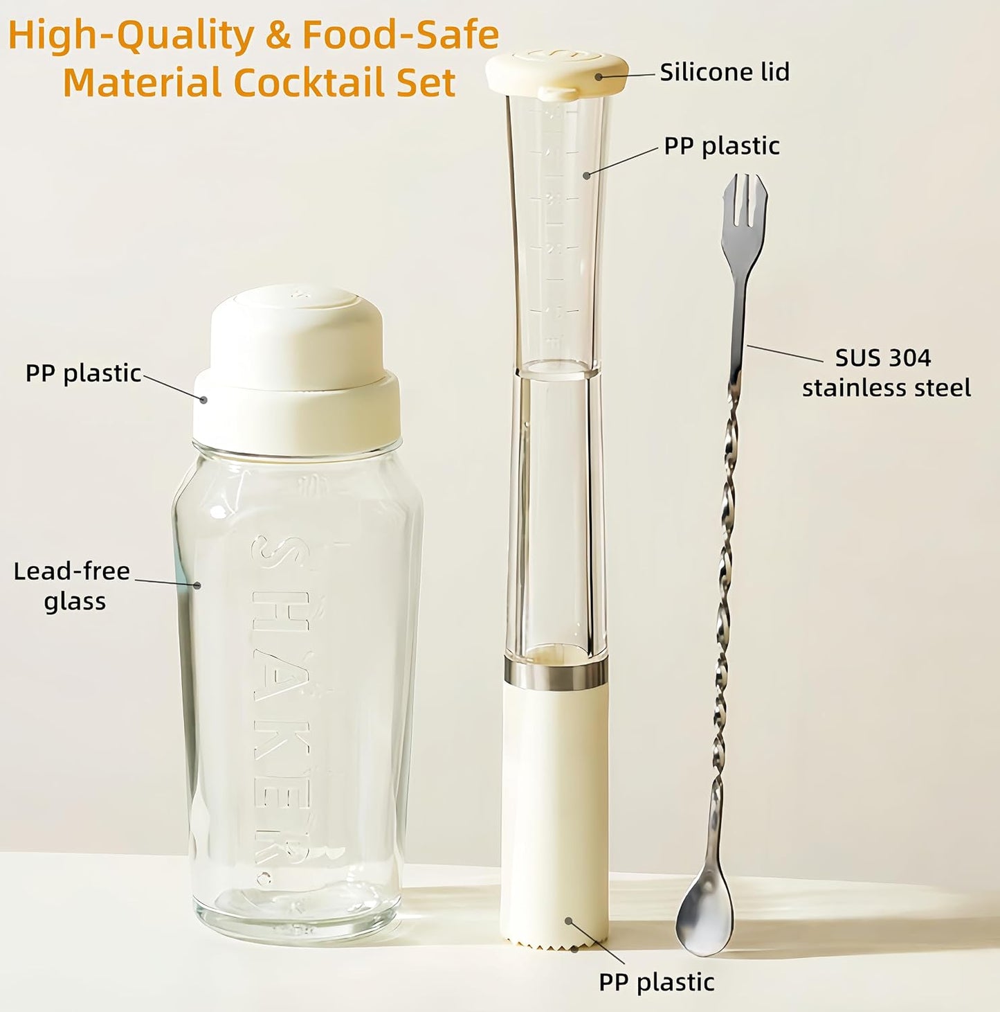 Cocktail Shaker Set-19 oz Glass Martini Shaker with Built-in Strainer，Muddler with Measuring Jigger and Stainless Steel Mixing Spoon, Home Bartender Kit Bar Tool for Margaritas Making, Drinks Mixing