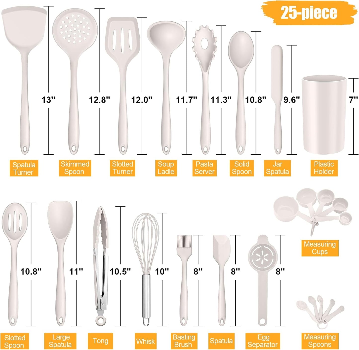 E-far Silicone Cooking Utensils Set, 25 Piece Kitchen Utensils with Holder, Non Toxic Kitchen Tools Spatula, Turner, Spoon, Ladle for Nonstick Cookware, Heat Resistant & Dishwasher Safe - Black