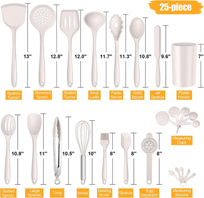 E-far Silicone Cooking Utensils Set, 25 Piece Kitchen Utensils with Holder, Non Toxic Kitchen Tools Spatula, Turner, Spoon, Ladle for Nonstick Cookware, Heat Resistant & Dishwasher Safe - Black