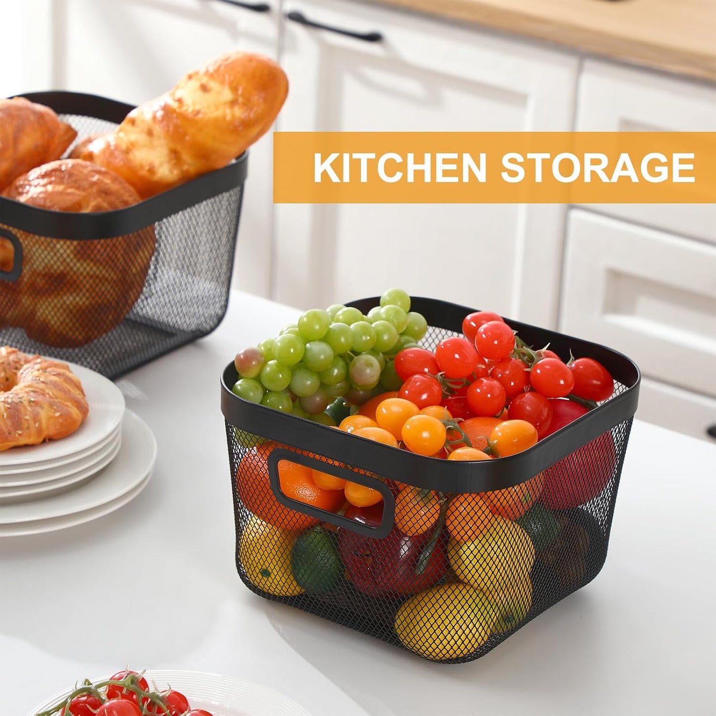 MorningRo 6 Pack Metal Mesh Basket with Hollow Handles Black Wire Storage Bin for Organizing Stackable Metal Fine Mesh Basket for Pantry Bathroom Kitchen Cabinets Shelves (Medium)