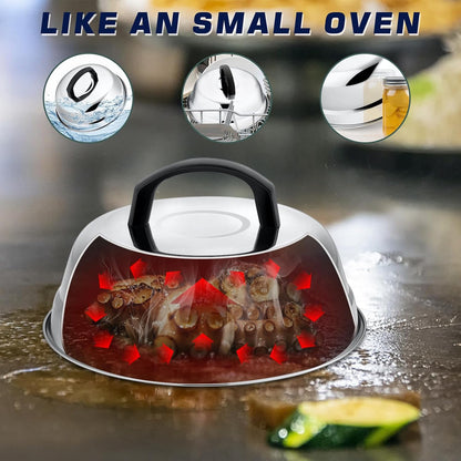 9In Melting Dome & 5.5In Burger Press, HaSteeL Stainless Steel Small Basting Cover with Round Bacon Press, Metal Griddle Accessories Set for Flat Top Teppanyaki Hibachi Grilling Cooking Steaming BBQ