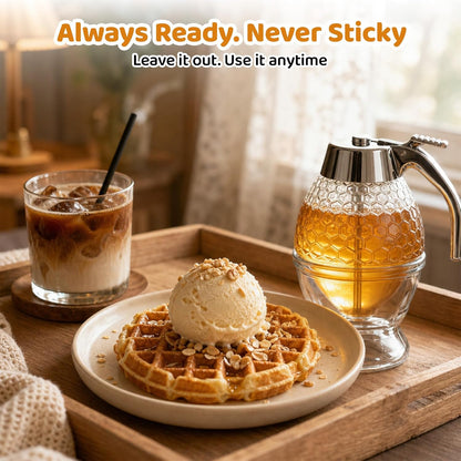 Glass Honey Dispenser 8 Ounces - Drip-Free Honey Jar With Glass Stand, Kitchen Leak-Proof Syrup Dispenser, Elegant Honeycomb Design For Storing Honey, Maple Syrup And Coffee Syrup