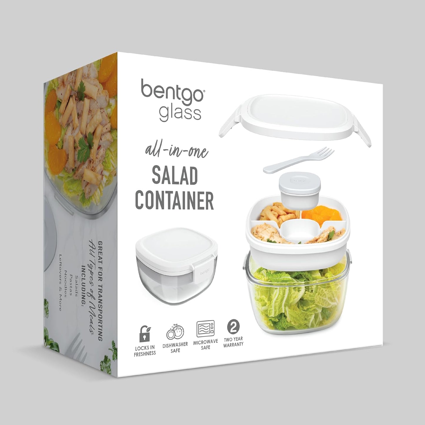 Bentgo Glass Salad Container - 7.6-Cup Salad Bowl with Airtight Lid, Leak-Proof Sauce Container, 4-Compartment Bento Tray & Reusable Fork - BPA-Free for Meal Prep, Office & More (Light Blue)