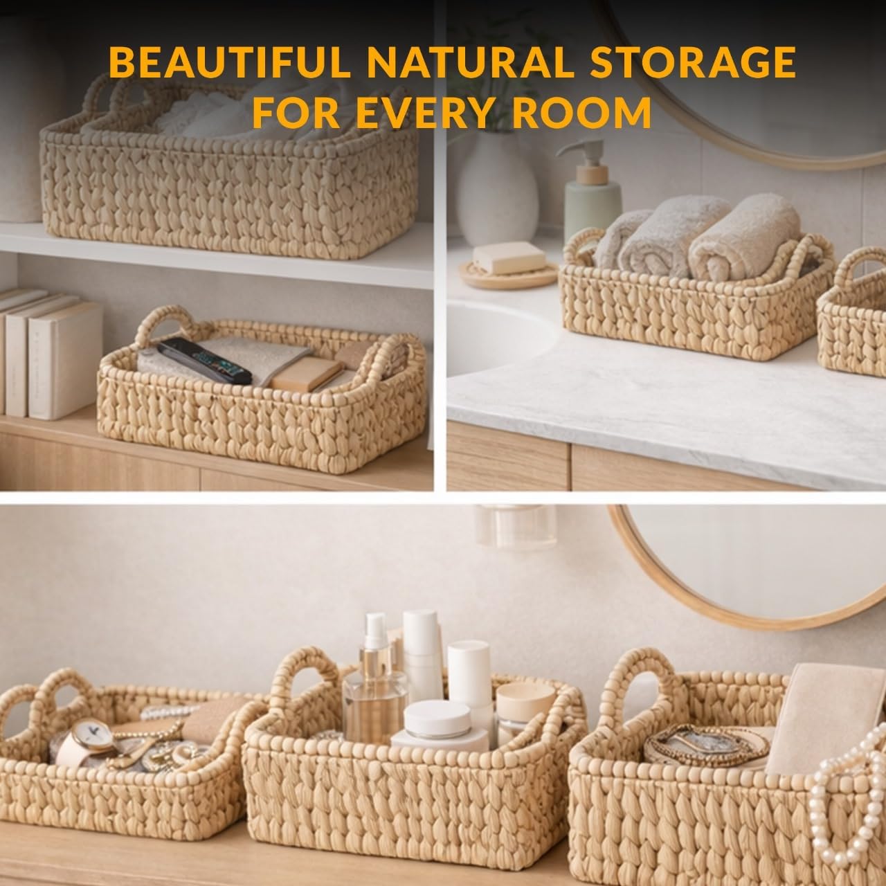 Set of 3 Beaded Hand-Woven Water Hyacinth Storage Baskets – Rectangular Wicker Baskets for Organizing Shelves, Pantry & Home Decor – Eco-Friendly Basket Storage with Sturdy Handles