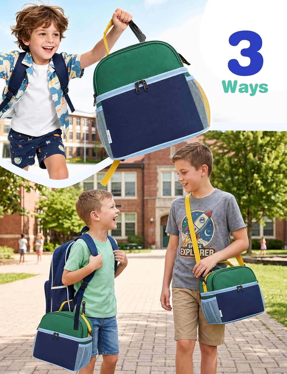 VASCHY Lunch Box Bag for Kids, Insulated Double Compartments Cooler Lunch Tote for Toddlers Boys Girls School/Daycare/Picnic Black Dinos