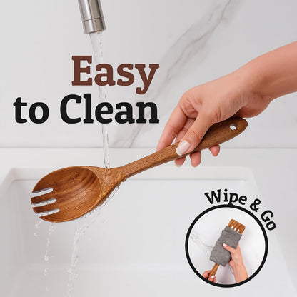 PriorityChef Wooden Slotted Spoon - Premium Teak Cooking Utensil for Frying, Straining & Serving - Long Handle Kitchen Spoon for Nonstick Cookware - Handcrafted Durable Wood