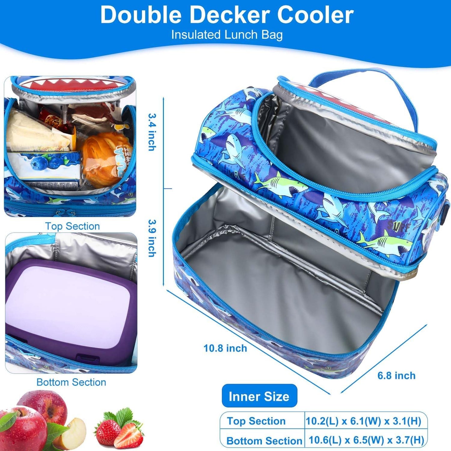 RHCPFOVR Kids Lunch Bag - Double - Decker Cooler Insulated Lunch Box for Boys Girls,Washable Lunch Bag with Strap and Reusable Toddler Lunchbox for School and Daycare