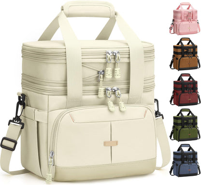 Pritent Lunch Box For Men Women Double Deck Insulated Lunch Bag For Men Woman Leakproof Expandable Cooler Bag with Adjustable Shoulder Strap for Kids Shool Work Picnic Camping(Beige,Large)