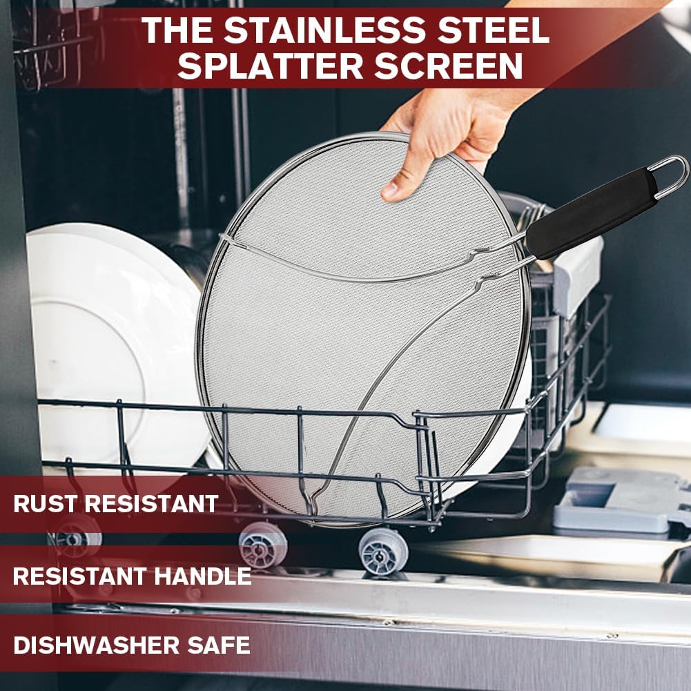 Splatter Screen for Frying Pan & Food Strainer,13 Inch Stainless Steel Grease Splatter Guard,Shield from Splashing Oil, Dishwasher Safe(Red)
