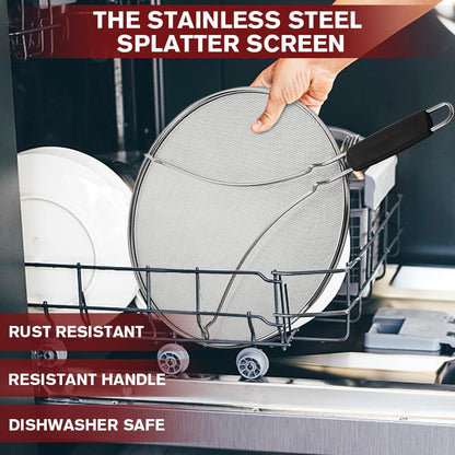 Splatter Screen for Frying Pan & Food Strainer,13 Inch Stainless Steel Grease Splatter Guard,Shield from Splashing Oil, Dishwasher Safe(Red)