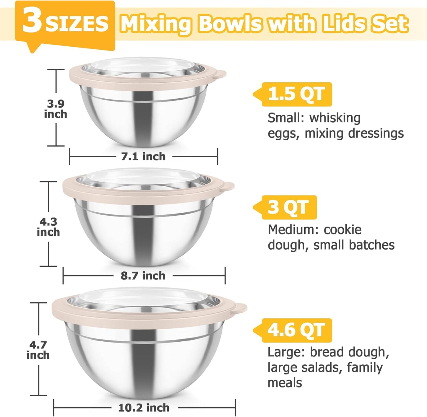 TeamFar Mixing Bowls with Lids, 4.5/3/1.5 QT Stainless Steel Nesting Salad Bowls with Airtight Lids, For Serving/Mixing/Storing/Prepping, Healthy & Sturdy, Visible & Easy Clean, Khaki, Set of 3