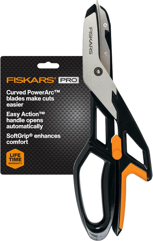 Fiskars Pro PowerArc Shop Shears, Heavy Duty Stainless Steel Scissor, Industrial Grade Tool for Building and Construction, 10 in, Orange/Black