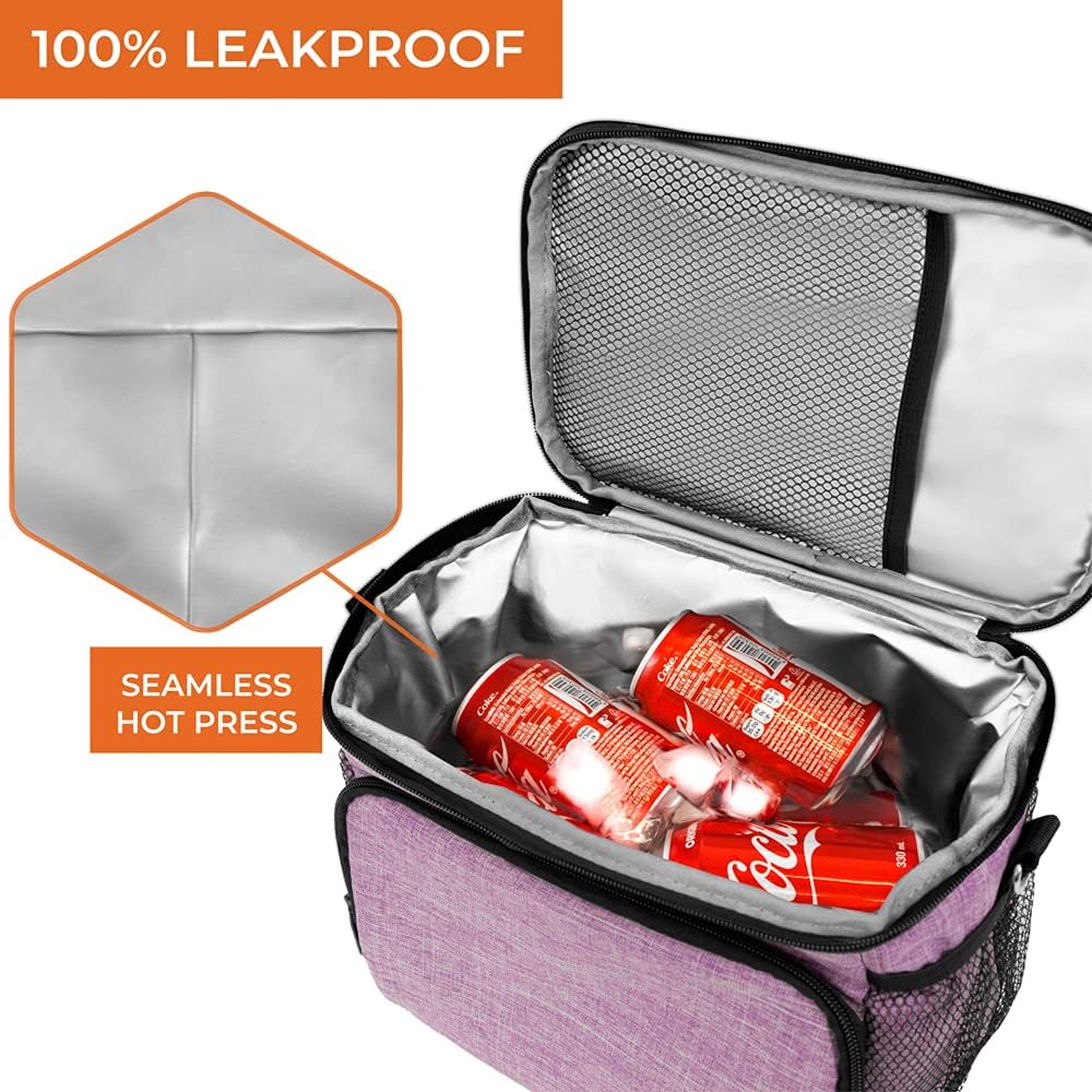 opux Insulated Lunch Bag for Men Women, Large Dual Compartment Cooler Bag, Soft Two Deck Lunch Box for Work School Picnic, Leakproof Lunch Tote with Shoulder Strap for Kid Adult (Purple, Double Deck)