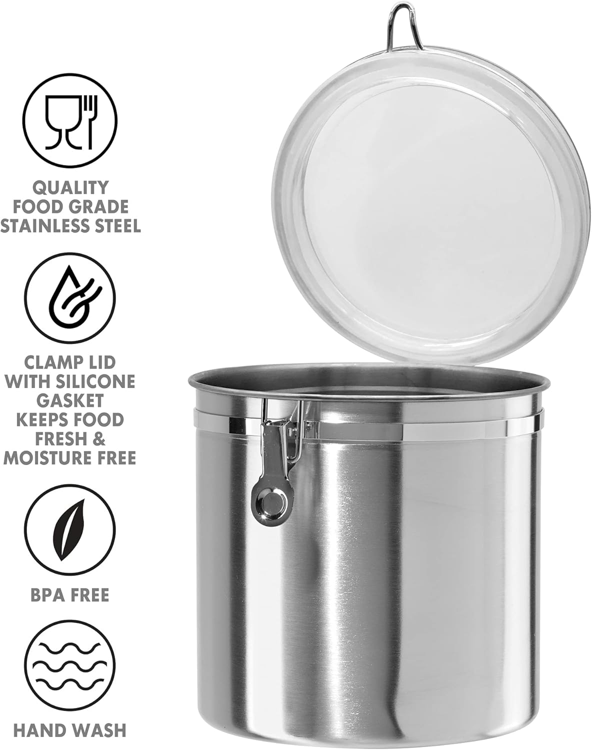 Oggi Stainless Steel Kitchen Canister 62 fl oz - Airtight Clamp Lid, Clear See-Thru Top - Ideal for Kitchen Storage, Food Storage, Pantry Storage. Large Size 5" x 7.5".
