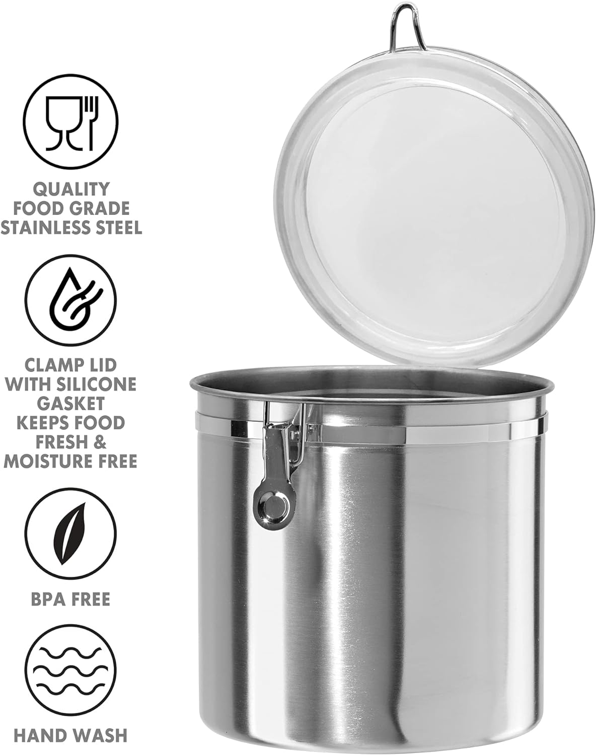 Oggi Stainless Steel Kitchen Canister 62 fl oz - Airtight Clamp Lid, Clear See-Thru Top - Ideal for Kitchen Storage, Food Storage, Pantry Storage. Large Size 5" x 7.5".