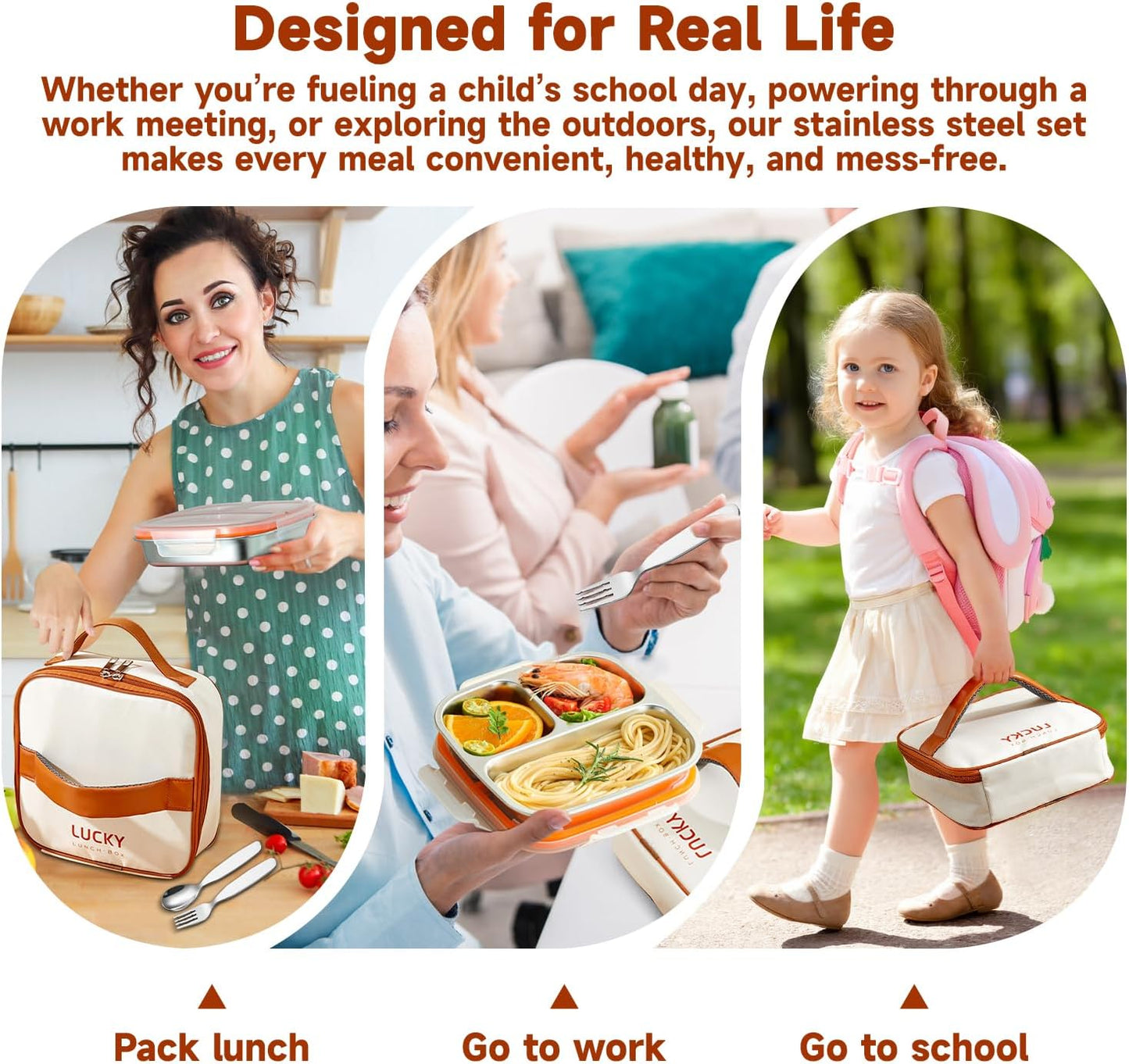 stainless steel lunch box for kids with lids & Spoon Fork & Insulated Bag, Leak-Proof 3 Compartment Food Containers, Food-Grade 304 Stainless Steel, Ideal for Home, Travel (Transparent black)