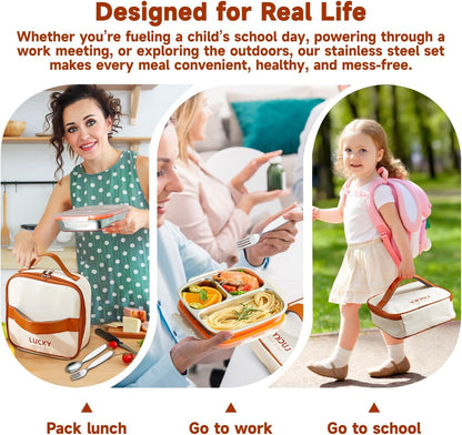 stainless steel lunch box for kids with lids & Spoon Fork & Insulated Bag, Leak-Proof 3 Compartment Food Containers, Food-Grade 304 Stainless Steel, Ideal for Home, Travel (Transparent black)