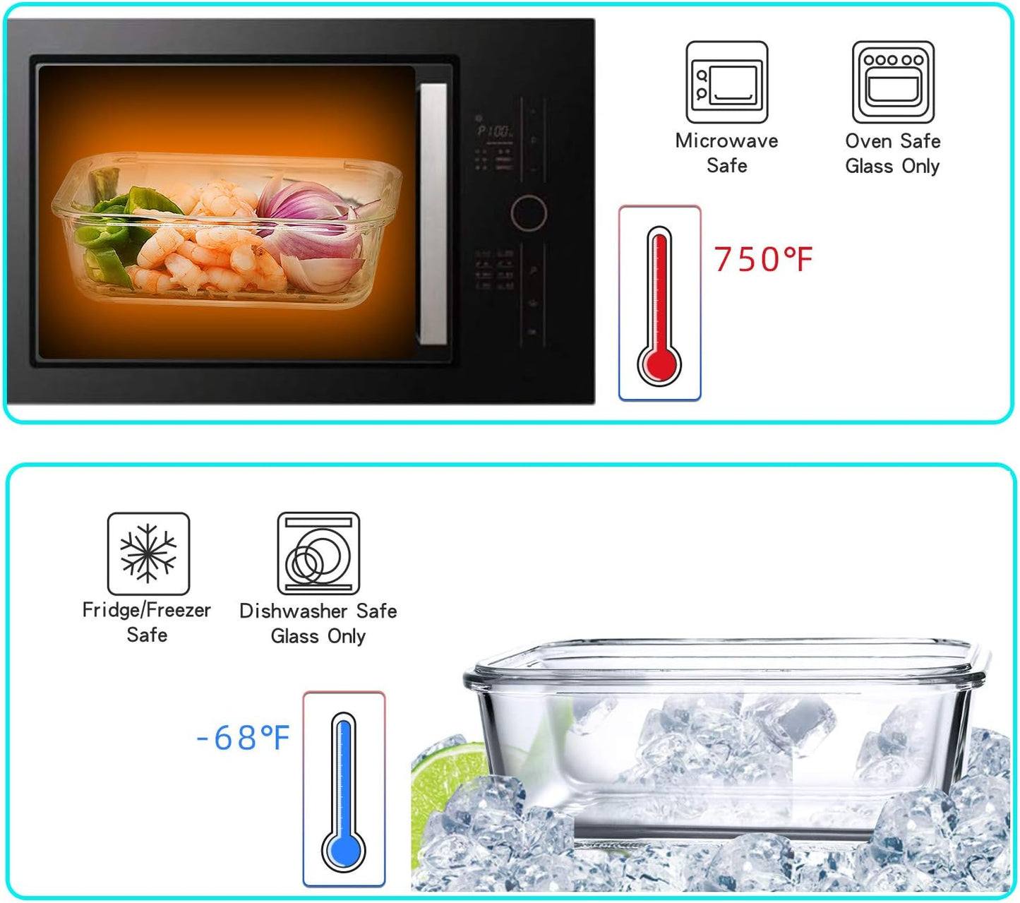 UMEIED 10 Pack Glass Food Storage Containers with Lids, Leakproof Airtight Glass Meal Prep Containers For Lunch, On The Go, Leftover, Dishwasher Safe