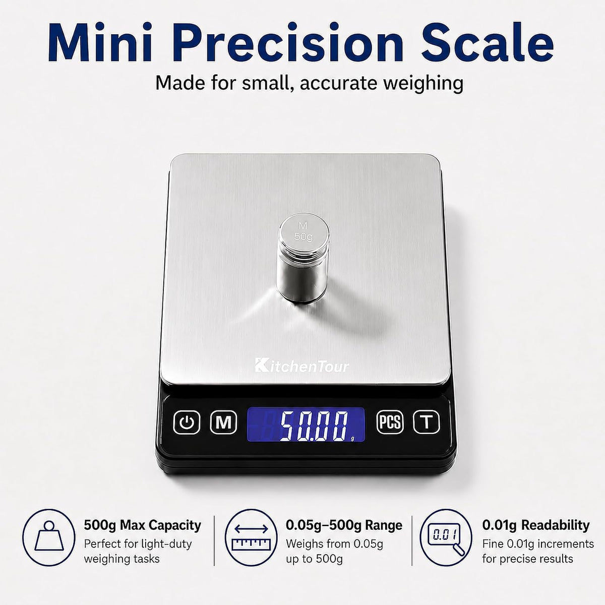 KitchenTour Mini Gram Scale for Coffee, Jewelry and Small Items, 500g x 0.01g Digital Pocket Scale with Tare, 6 Units, Back-Lit LCD, 2 Trays, Black