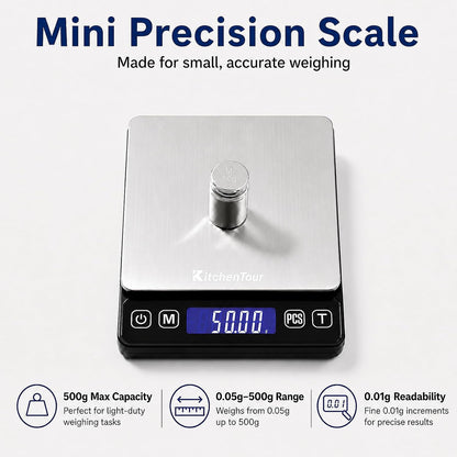 KitchenTour Mini Gram Scale for Coffee, Jewelry and Small Items, 500g x 0.01g Digital Pocket Scale with Tare, 6 Units, Back-Lit LCD, 2 Trays, Black