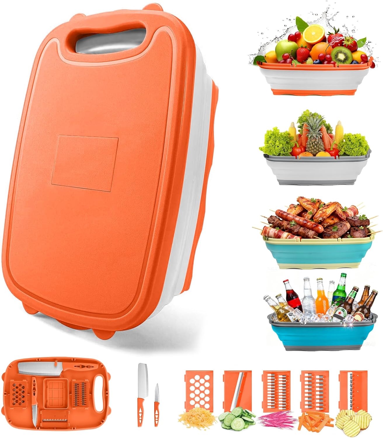 Gintan Collapsible Camping Cutting Board, 9-in-1 Chopping Board with Colander, Kitchen Vegetable Washing Basket for Camping, Camping Gifts Camping Accessories for RV Campers (Blue+Grey)