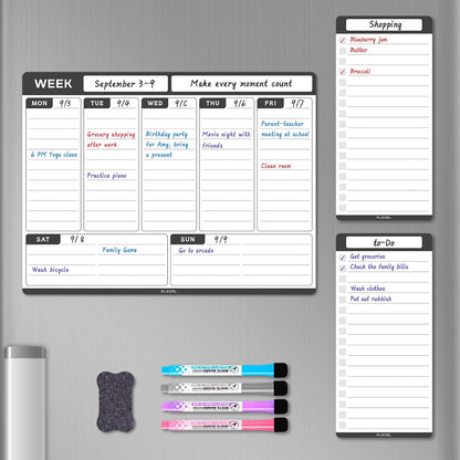 ALEZEL Magnetic Weekly Calendar Whiteboard for Fridge, Refrigerator Dry Erase Weekly White Board, Includes Magnetic Weekly Planner for Fridge with 2 List Boards, 4 Markers + Eraser