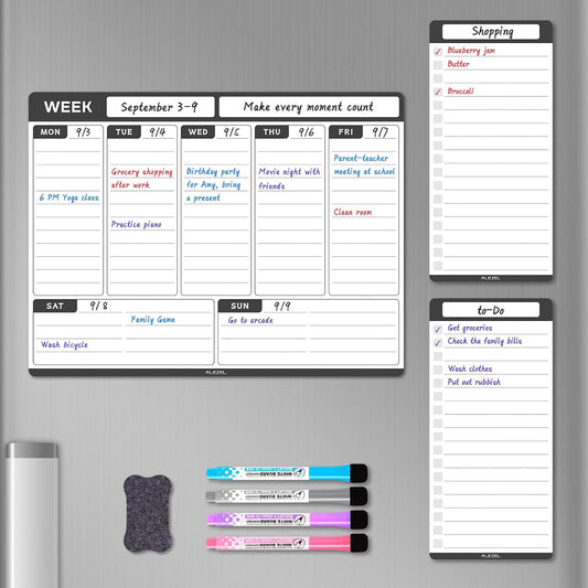 ALEZEL Magnetic Weekly Calendar Whiteboard for Fridge, Refrigerator Dry Erase Weekly White Board, Includes Magnetic Weekly Planner for Fridge with 2 List Boards, 4 Markers + Eraser
