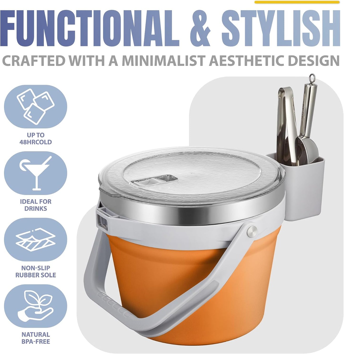 COKTIK 7L Vacuum Insulated Ice Bucket with Lid and Scoop& Tongs，Large capacity Stainless Steel Beverage Bucket for Cocktail, Champagne, Wine, Beer，Large Parties（Milk White Suit）