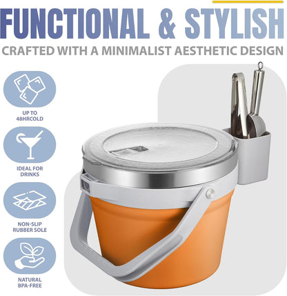 COKTIK 7L Vacuum Insulated Ice Bucket with Lid and Scoop& Tongs，Large capacity Stainless Steel Beverage Bucket for Cocktail, Champagne, Wine, Beer，Large Parties（Milk White Suit）