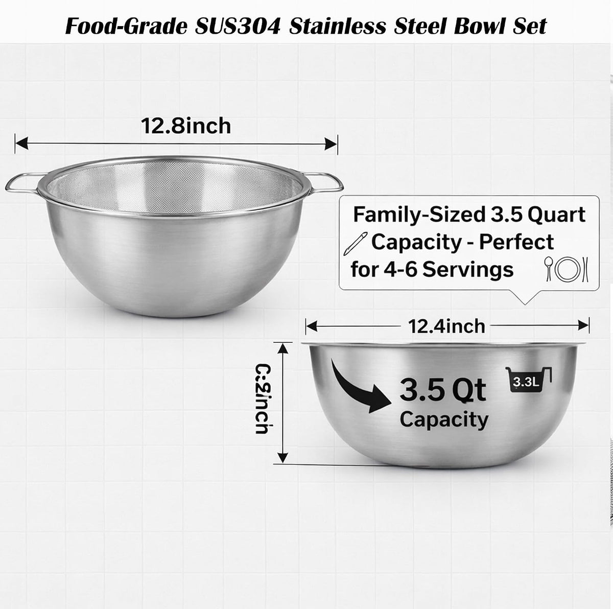 18/8 Stainless Steel Colander with Mixing Bowl, 1.5QT