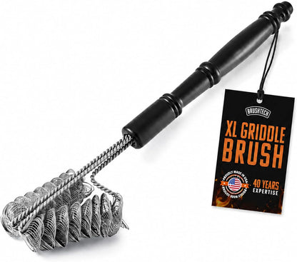Brushtech Double Helix Grill Brush, 16″ Flat BBQ Grill Cleaner - Bristle‑Free Coil Springs Clean Tops & Sides - Stainless Steel, Long Reach Handle, Heavy‑Duty BBQ Tool for Gas & Charcoal Grates