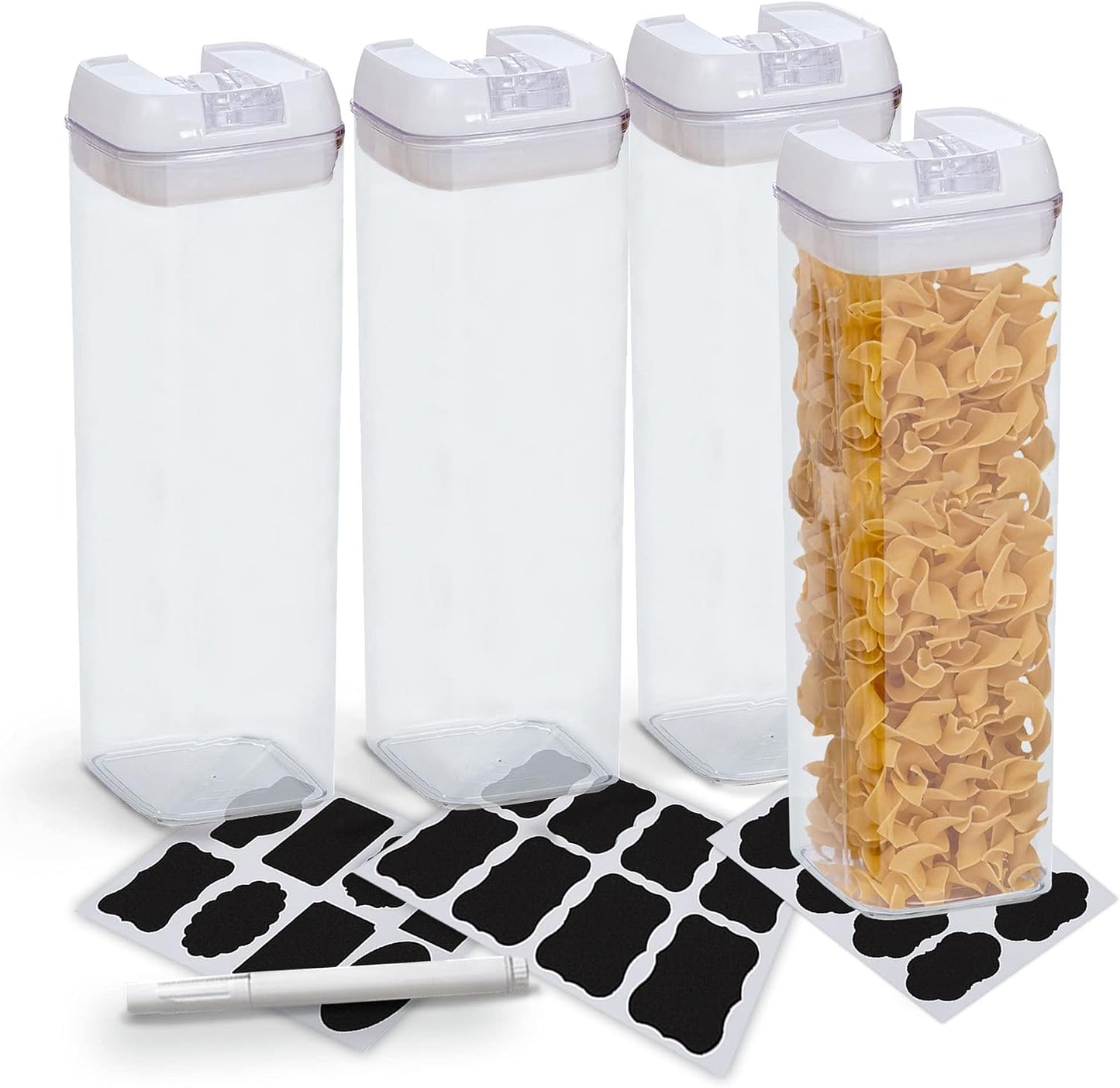 Cheer Collection One Size Airtight Food Storage Containers - Set of 4 IDENTICAL 65 oz Pantry Organizer Bins plus Marker and Labels - Black Lids