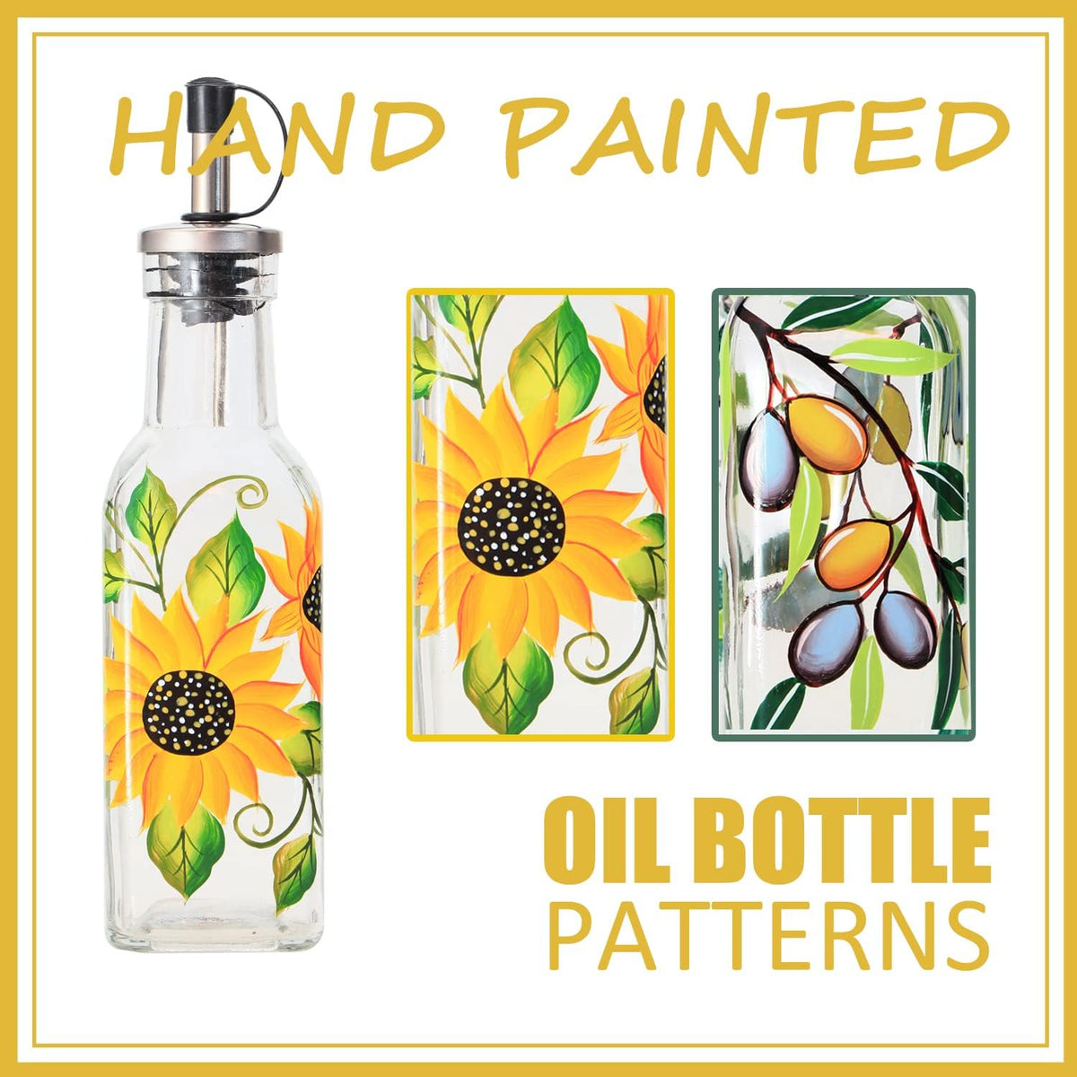 7oz Hand Painted Glass Olive Oil Bottle Dispenser - 200ml Green Oil & Vinegar Cruet with Pourers - Olive Oil Carafe Decanter for Kitchen