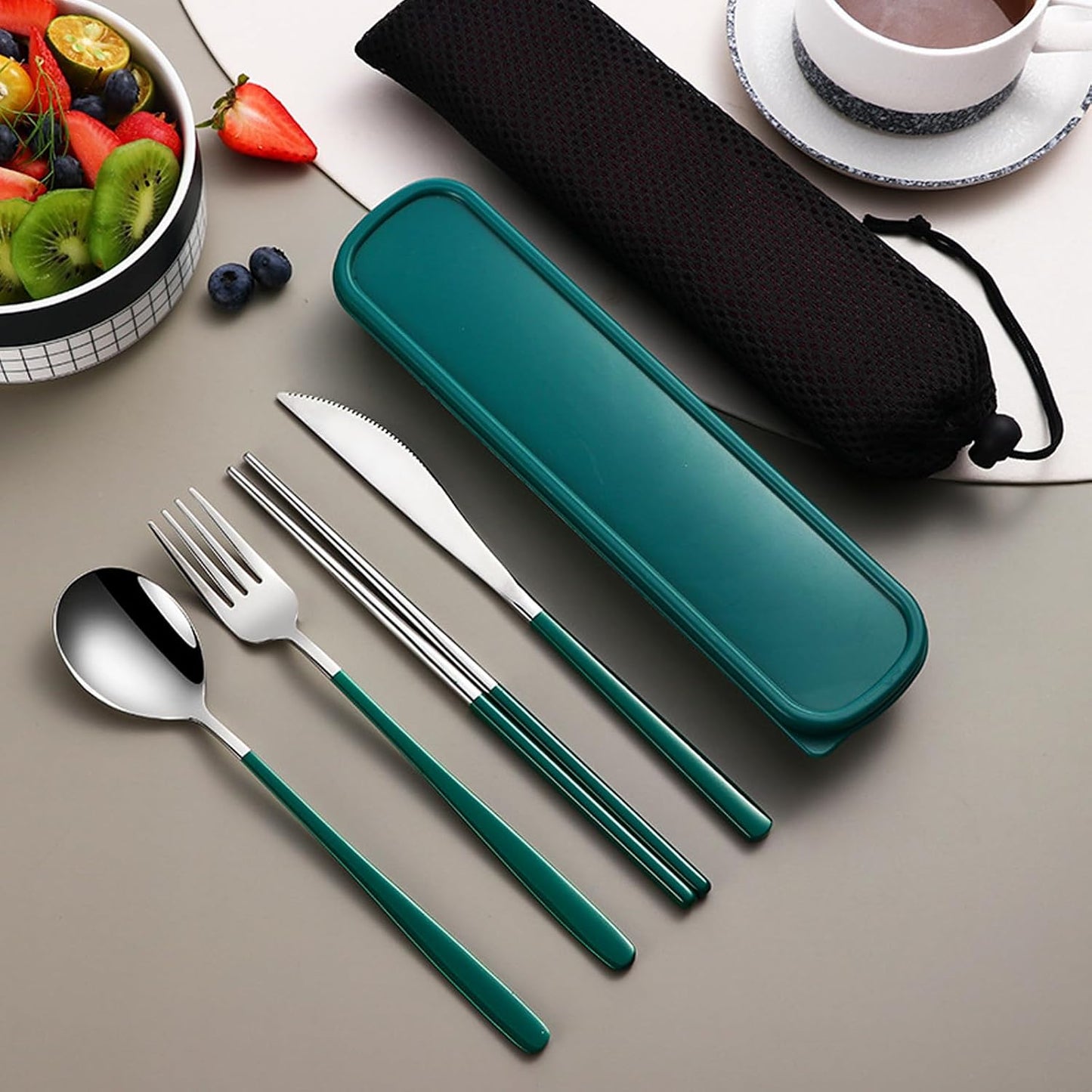 VANRA 4-Piece Portable Travel Utensils Set with Case 18/8 Stainless Steel Flatware Set Reusable Cutlery Set with Fork Spoon Knife Chopstick for Lunch Travel Camping School Work Picnic (Pink)