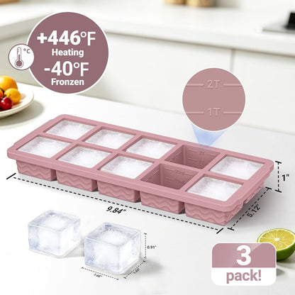 3-Pack Silicone Freezer Trays with Lid,2 Large 2-Cup(500ml)&4 Medium 1-Cup(250ml)&6 Small 1/2-Cup(125ml) Soup Freezer Container Molds,Ice Cube Tray For Meal Prep&Freezing Soup,Stews,Sauces