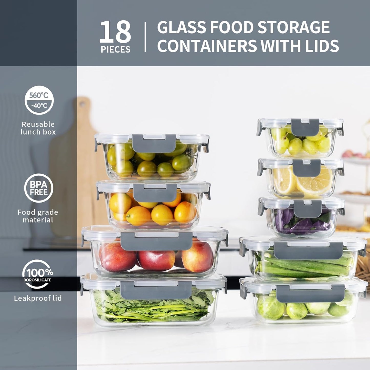 S SALIENT 18 Piece Glass Food Storage Containers with Lids, Glass Meal Prep Containers, food storage Containers for Food Storage, BPA Free & Leak Proof (9 lids & 9 Containers)