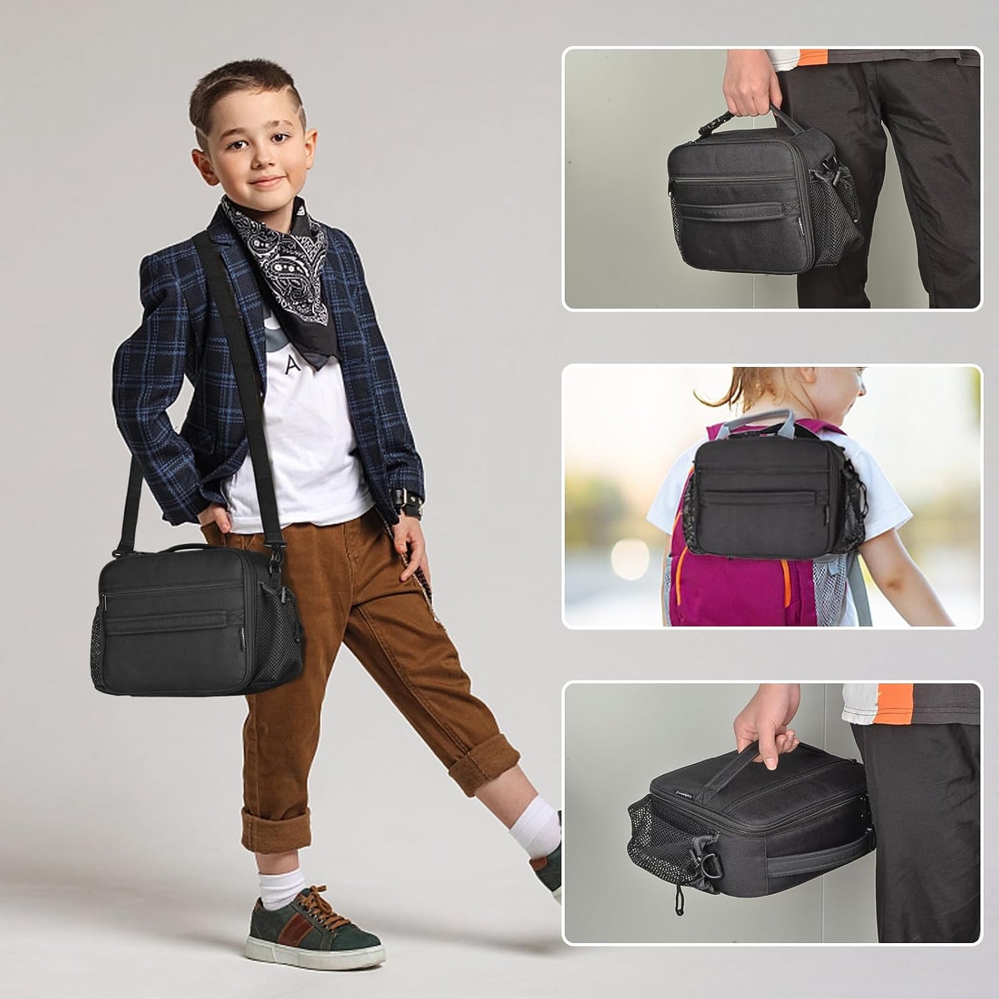 Cerbonny Kids Lunch Box, Insulated Lunch Bag for Girls and Boys, Durable Polyester with PEVA Lining, Adjustable Shoulder Strap, 10.8"L x 4"W x 8.8"H, 5 Pockets