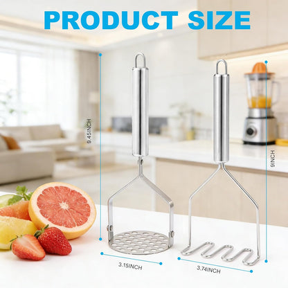 2Pcs Potato Masher & Meat Masher Set, Stainless Steel Smasher