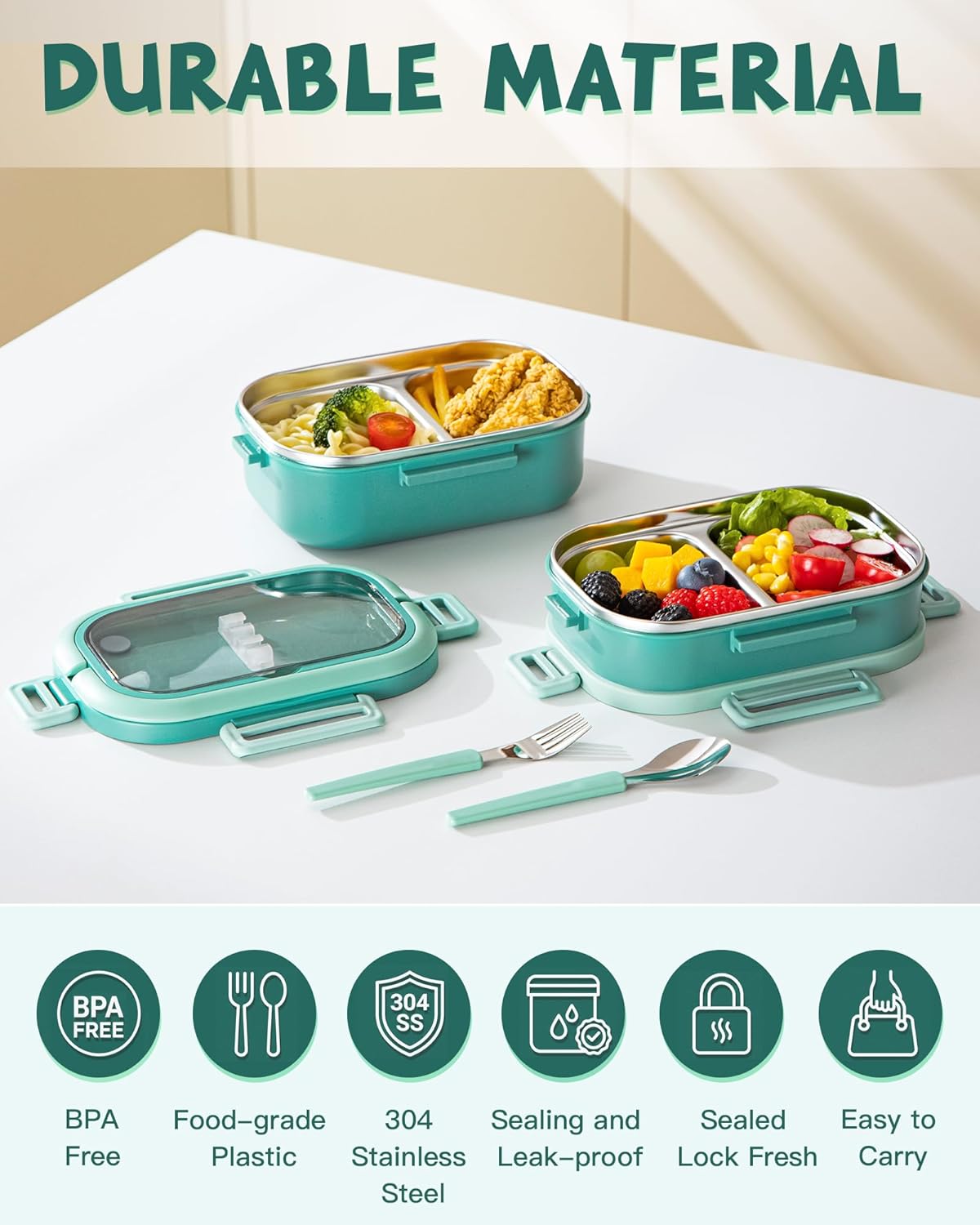 Lille Home 28oz Stainless Steel Leakproof 2-Compartment Bento Lunch Box/Portion Control Food Container with Lunch Bag and Cutlery Set, BPA Free (pink)
