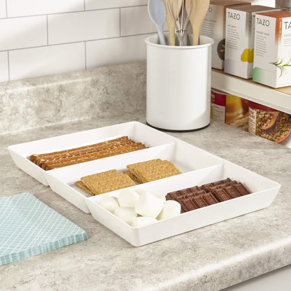 US Acrylic Avant White Plastic Divided Serving Trays (Set of 4) 15” x 5” | Narrow Reusable 3-Section Party Platters | Serve Appetizers, Fruit, Veggies, & Desserts | BPA-Free & Made in USA